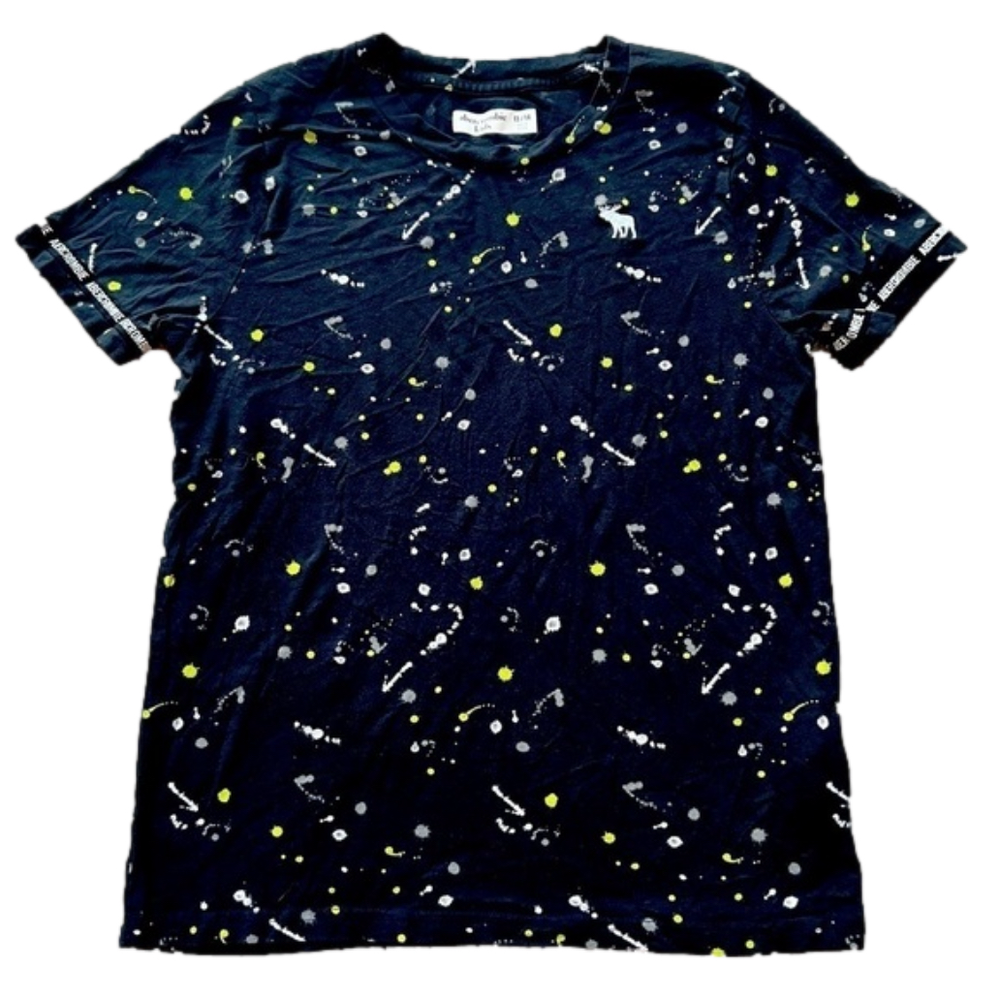 ABERCROMBIE Kids Youth Sz 13/14 Paint Splatter Patterned Black Short Sleeve Top